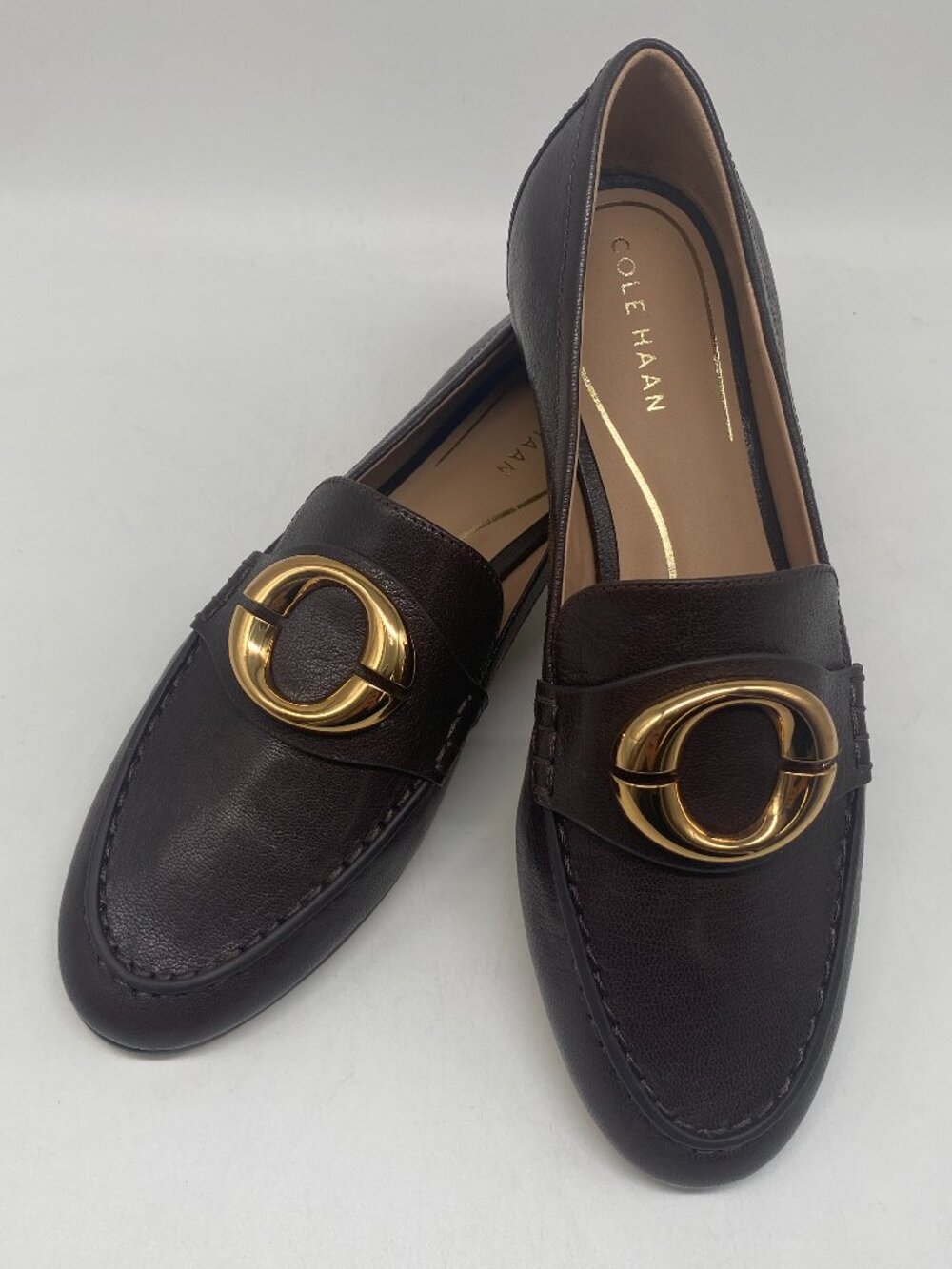 COLE HAAN BROWN LETAHER BALLET FLATS WITH GOLD CIRCLE HARDWARE